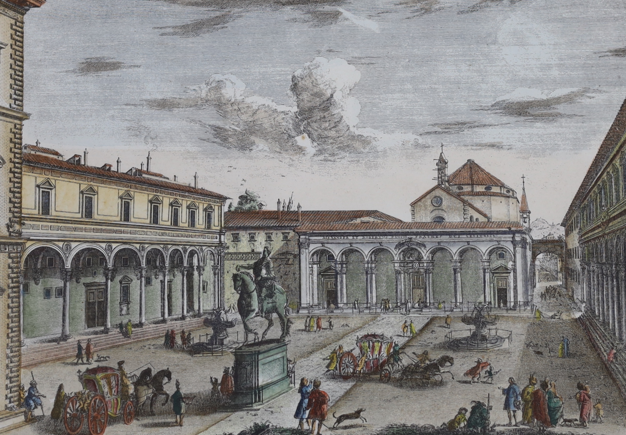 After Giuseppe Zocchi (Italian, 1716-1767), colour engraving, View of Nunziata Square, 33 x 48cm